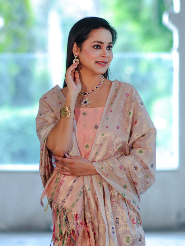 Banarasee Cotton Silk Zari Work Salwar Kameez Fabric With Jaal Design Dupatta Set-Peach & Beige