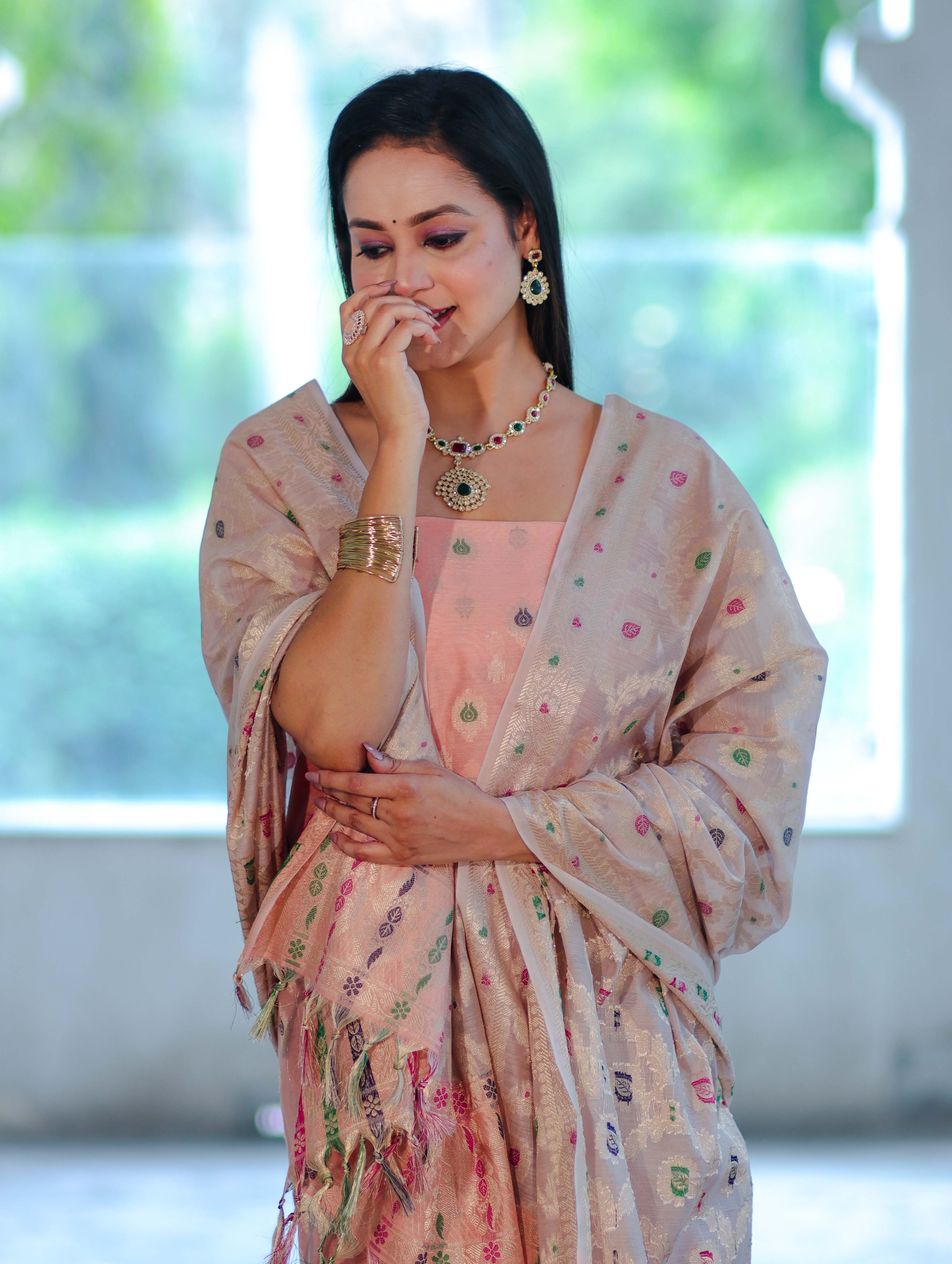 Banarasee Cotton Silk Zari Work Salwar Kameez Fabric With Jaal Design Dupatta Set-Peach & Beige