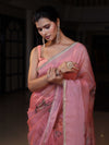Banarasee Digital Printed Tissue Saree With Lace-Peach