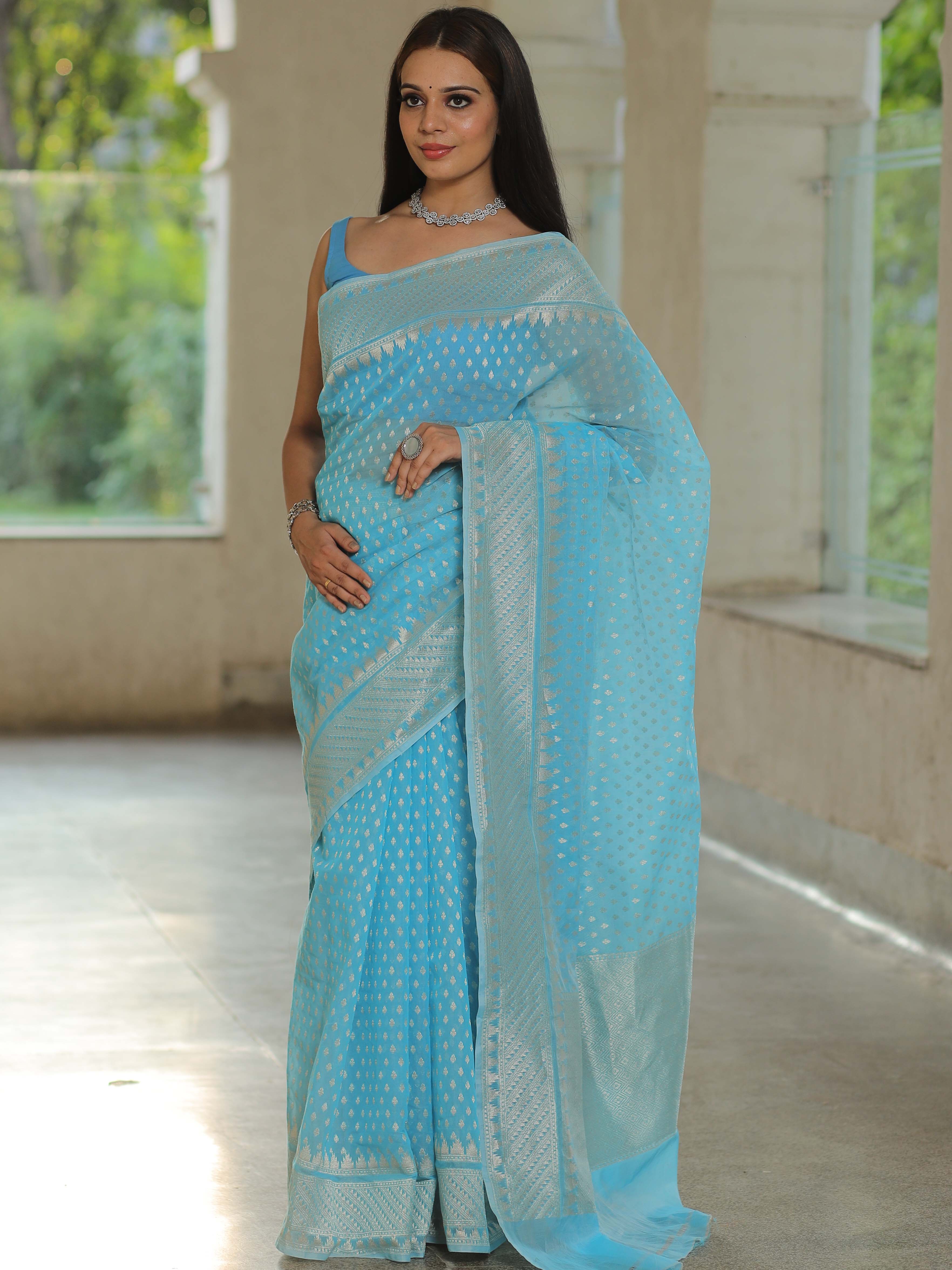 Banarasee Organza Silk Saree With Zari Motifs & Border-Light Blue