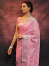 Banarasee Handwoven Semi-Chiffon Saree With Silver Zari Work-Baby Pink