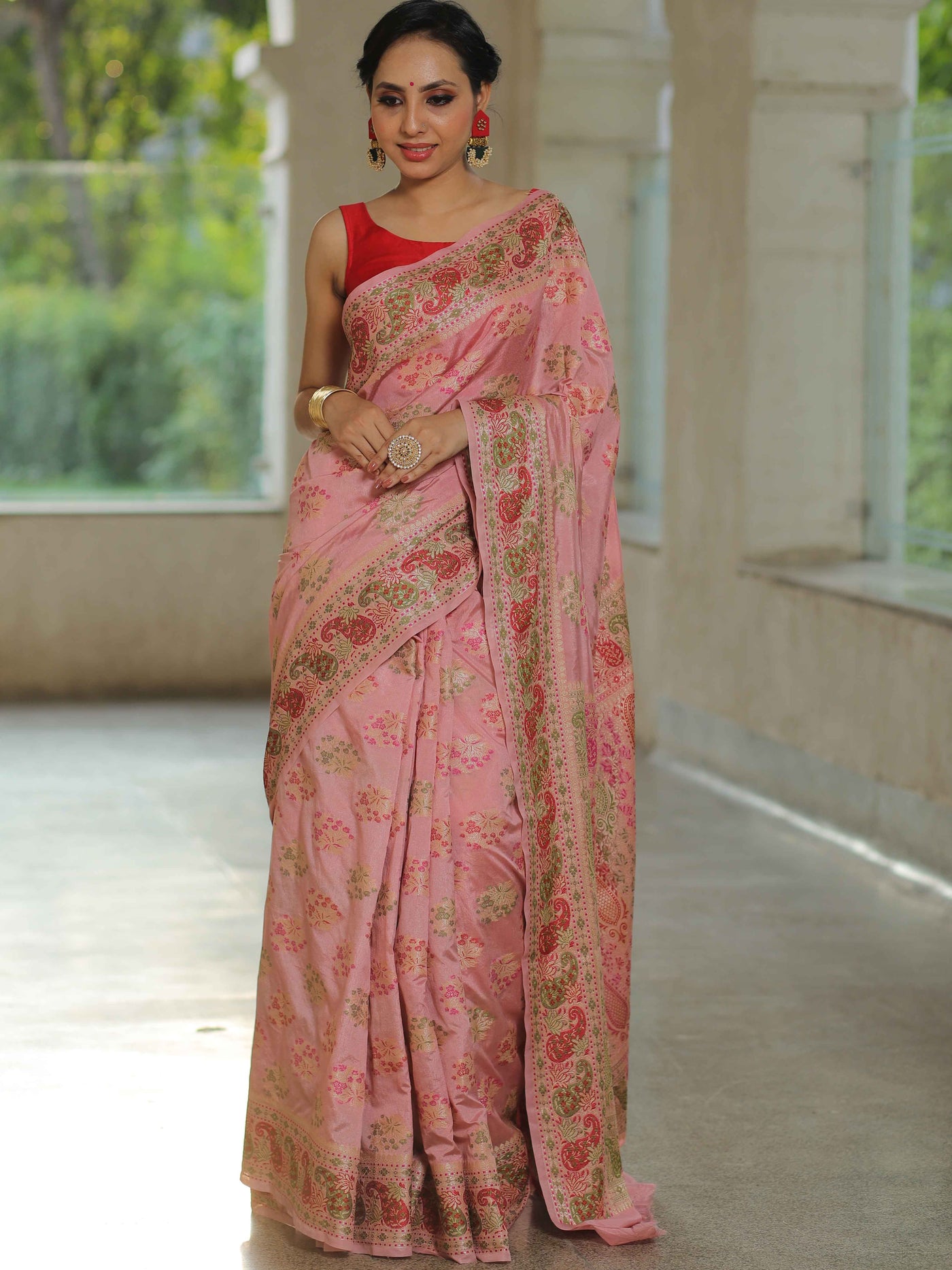 Banarasi Semi Dupion Silk Saree with Zari Floral Jaal Weaving and Blouse Piece for Women