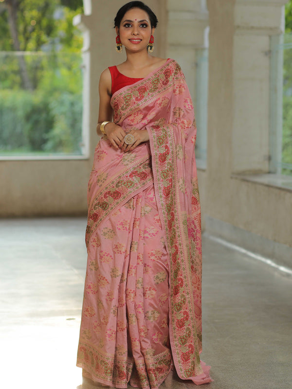 Banarasee Semi-Dupion Silk Saree With Meena & Zari Work-Pink