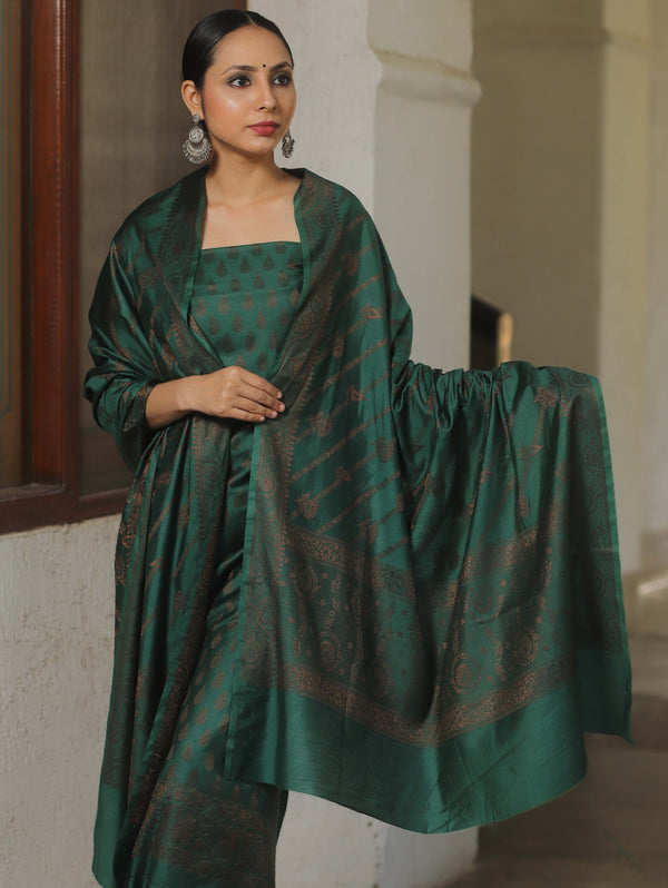 Banarasee Semi Katan Silk Salwar Kameez Fabric With Dupatta Resham Zari Work-Green