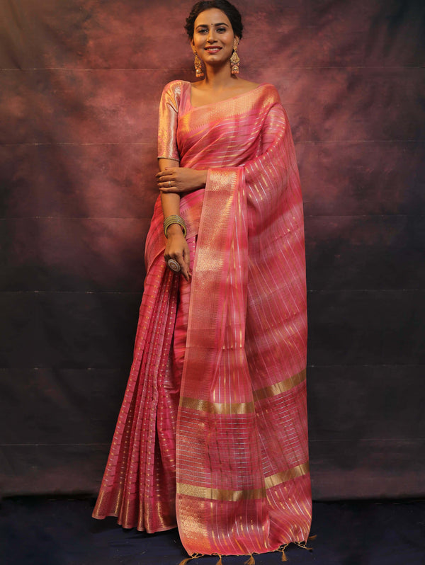 Banarasee Linen Tissue Sona Rupa Zari Work Saree-Pink