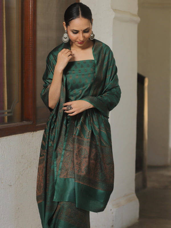 Banarasee Semi Katan Silk Salwar Kameez Fabric With Dupatta Resham Zari Work-Green