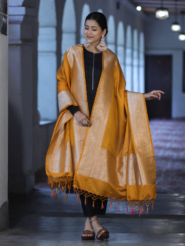 Banarasee Katan Silk Dupatta With Gold Zari Woven Border-Mustard Yellow