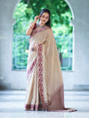 Banarasee Handwoven Semi-Tussar Saree With Contrast Geometric Border-Beige & Burgundy