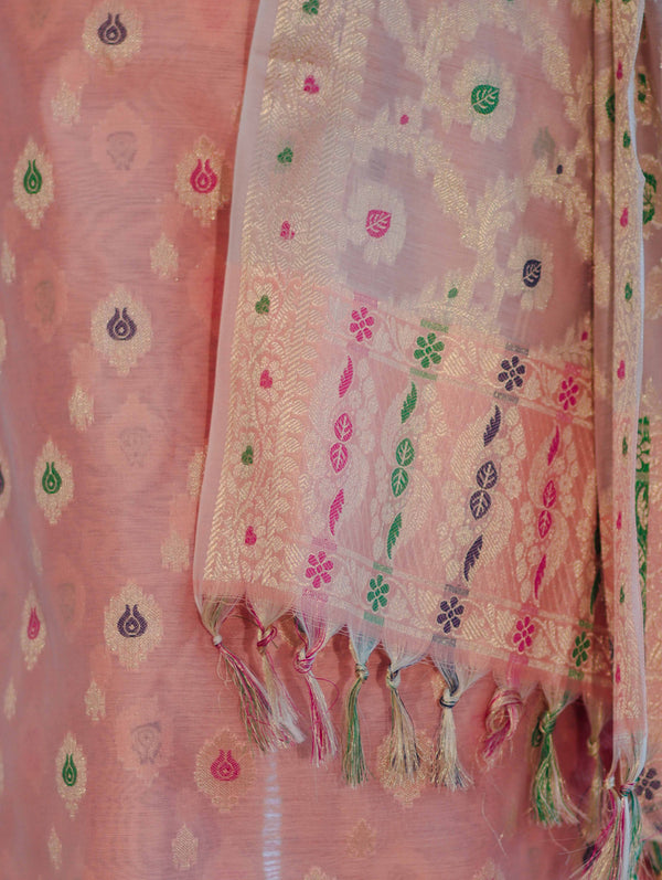 Banarasee Cotton Silk Zari Work Salwar Kameez Fabric With Jaal Design Dupatta Set-Peach & Beige