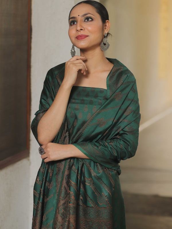 Banarasee Semi Katan Silk Salwar Kameez Fabric With Dupatta Resham Zari Work-Green