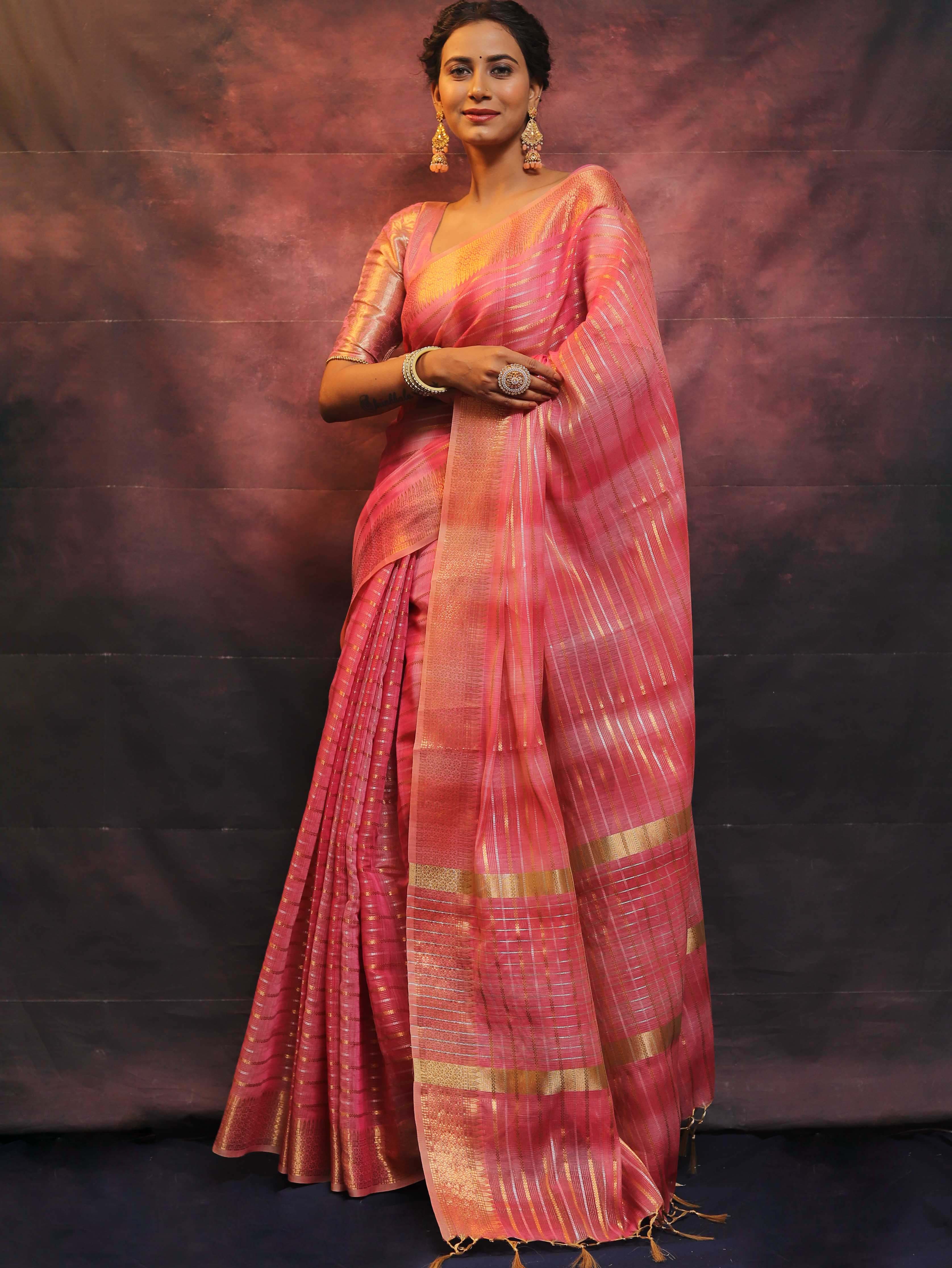 Banarasee Linen Tissue Sona Rupa Zari Work Saree-Pink