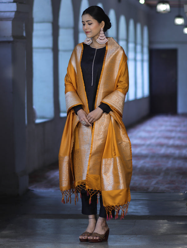 Banarasee Katan Silk Dupatta With Gold Zari Woven Border-Mustard Yellow
