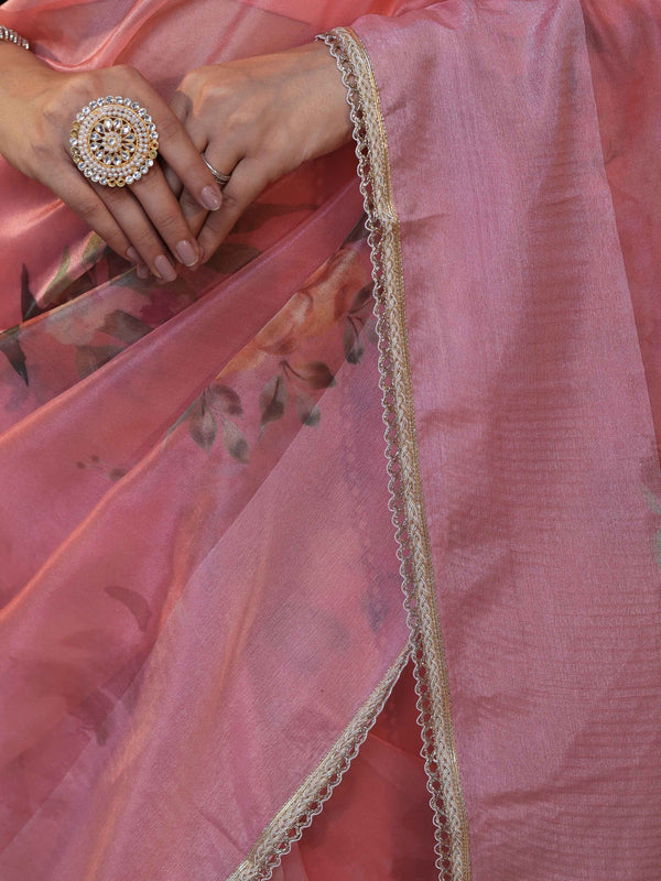 Banarasee Digital Printed Tissue Saree With Lace-Peach