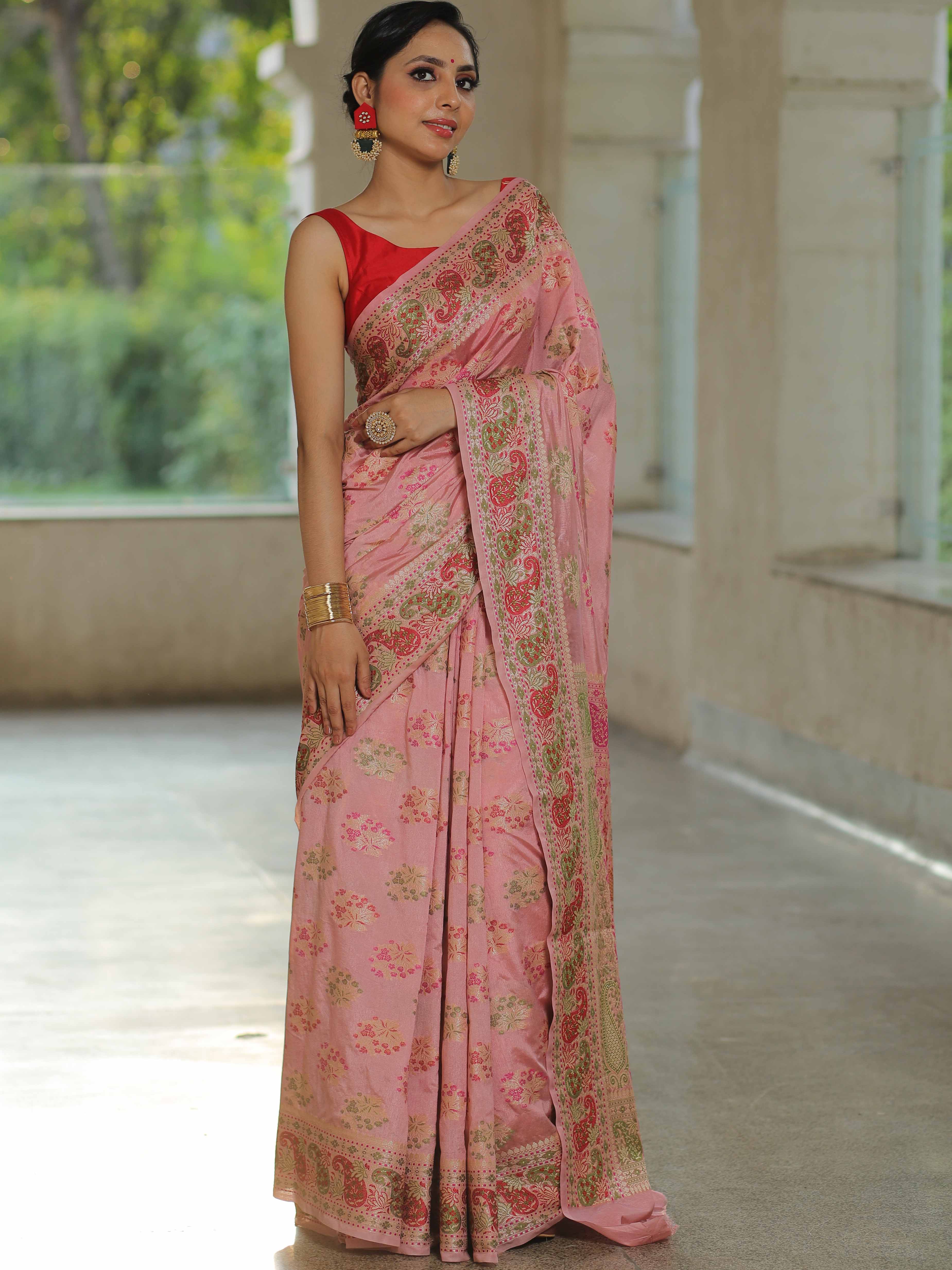 Banarasee Semi-Dupion Silk Saree With Meena & Zari Work-Pink