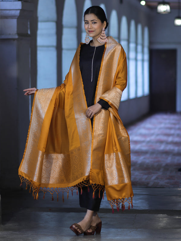 Banarasee Katan Silk Dupatta With Gold Zari Woven Border-Mustard Yellow