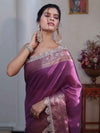 Banarasee Dual Color Pure Linen Saree With Zari Border & Lace-Purple & Light Green