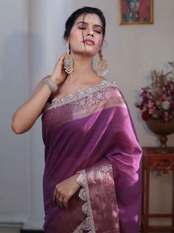 Banarasee Dual Color Pure Linen Saree With Zari Border & Lace-Purple & Light Green