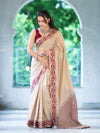 Banarasee Handwoven Semi-Tussar Saree With Contrast Geometric Border-Beige & Burgundy