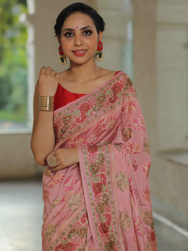 Banarasee Semi-Dupion Silk Saree With Meena & Zari Work-Pink