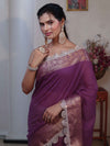 Banarasee Dual Color Pure Linen Saree With Zari Border & Lace-Purple & Light Green
