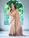 Banarasee Handwoven Semi-Tussar Saree With Contrast Geometric Border-Beige & Burgundy