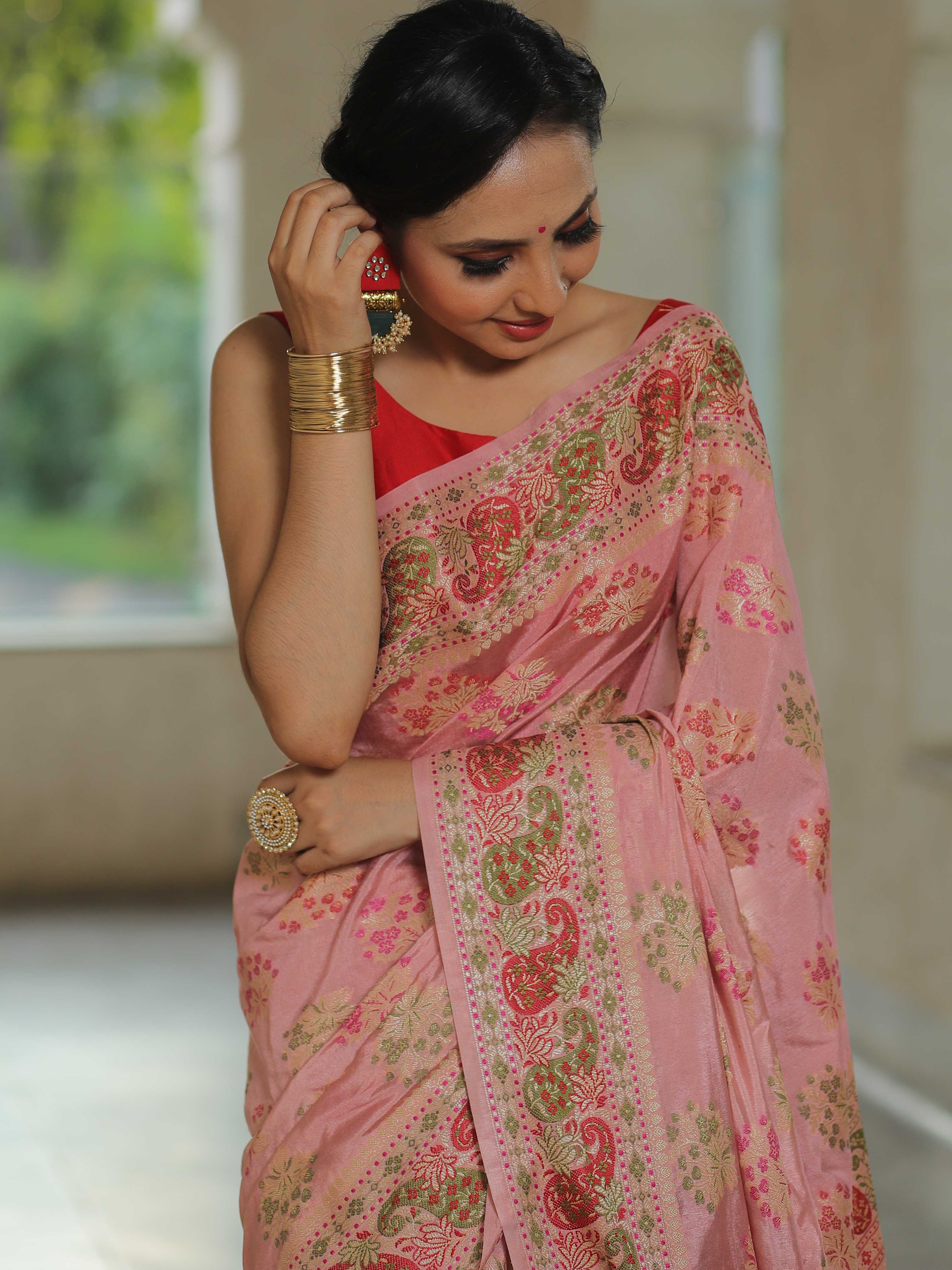 Banarasee Semi-Dupion Silk Saree With Meena & Zari Work-Pink