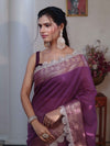 Banarasee Dual Color Pure Linen Saree With Zari Border & Lace-Purple & Light Green