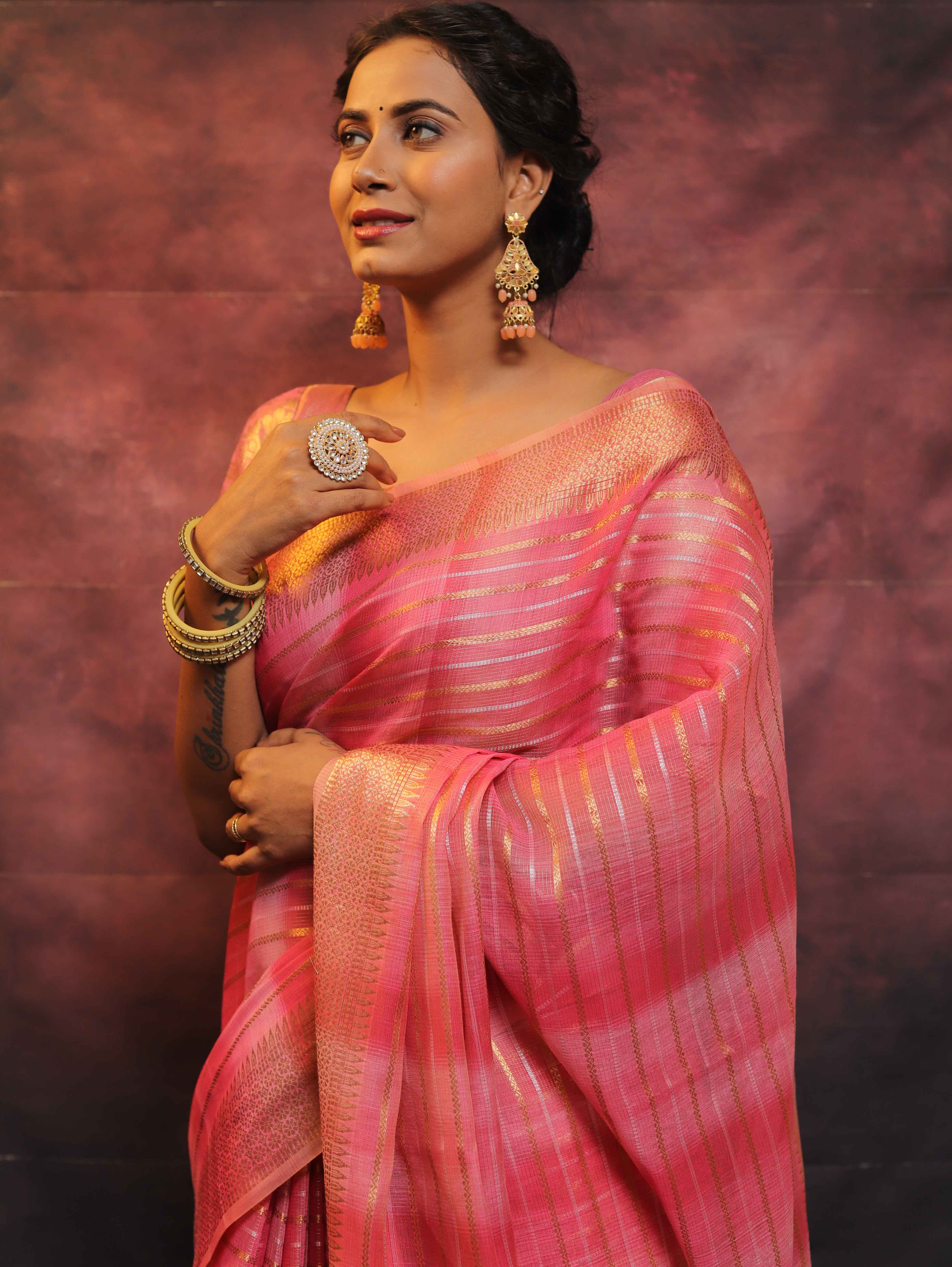 Banarasee Linen Tissue Sona Rupa Zari Work Saree-Pink
