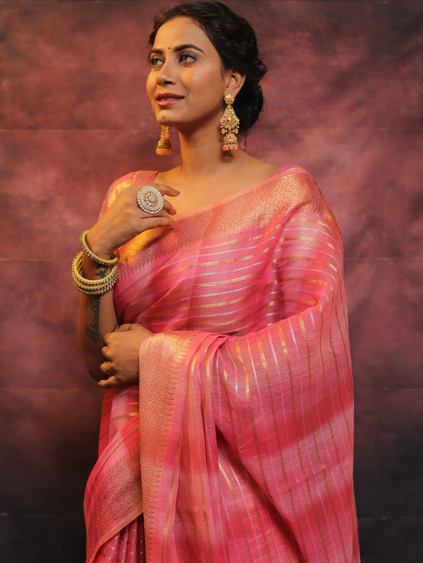 Banarasee Linen Tissue Sona Rupa Zari Work Saree-Pink