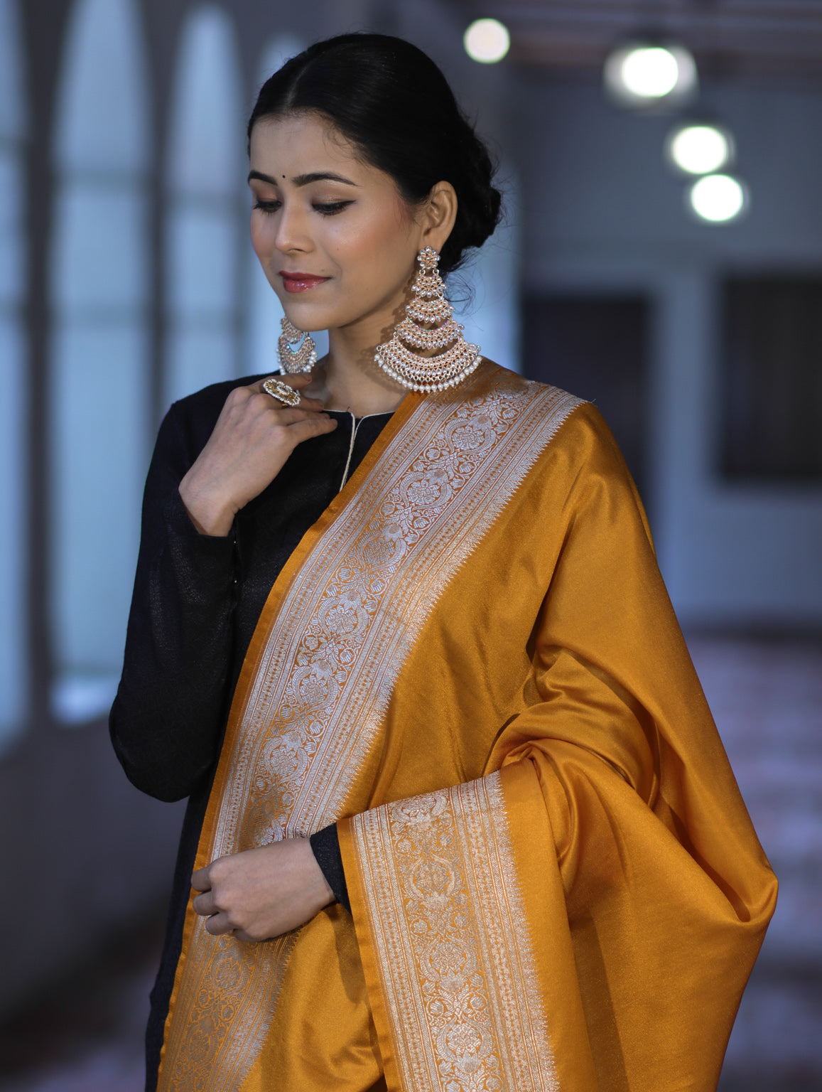 Banarasee Katan Silk Dupatta With Gold Zari Woven Border-Mustard Yellow