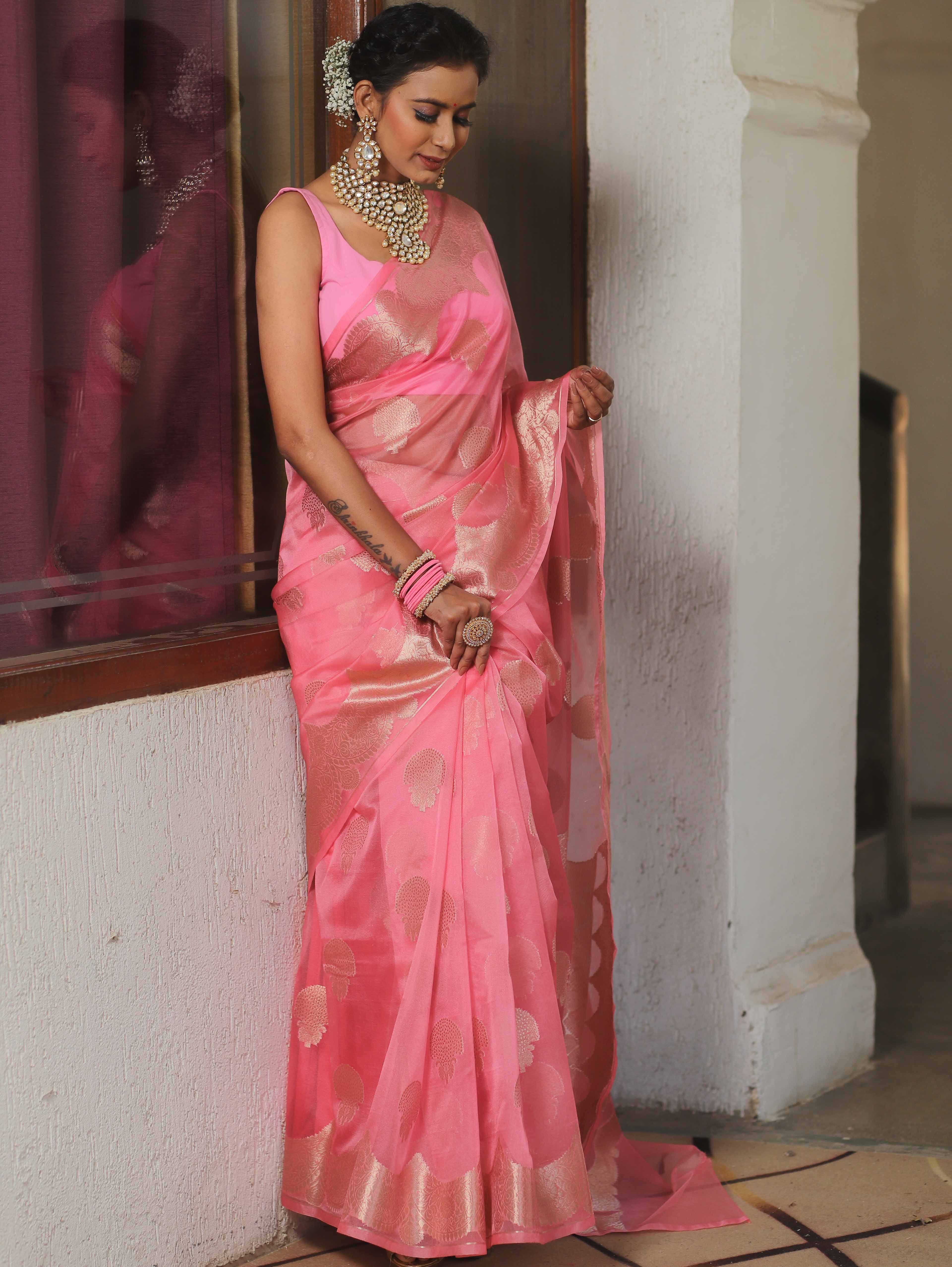 Banarasee Organza Mix Saree With Zari Buta & Scallop Border Design-Baby Pink