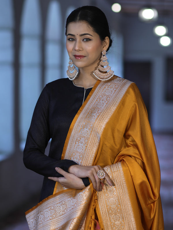 Banarasee Katan Silk Dupatta With Gold Zari Woven Border-Mustard Yellow