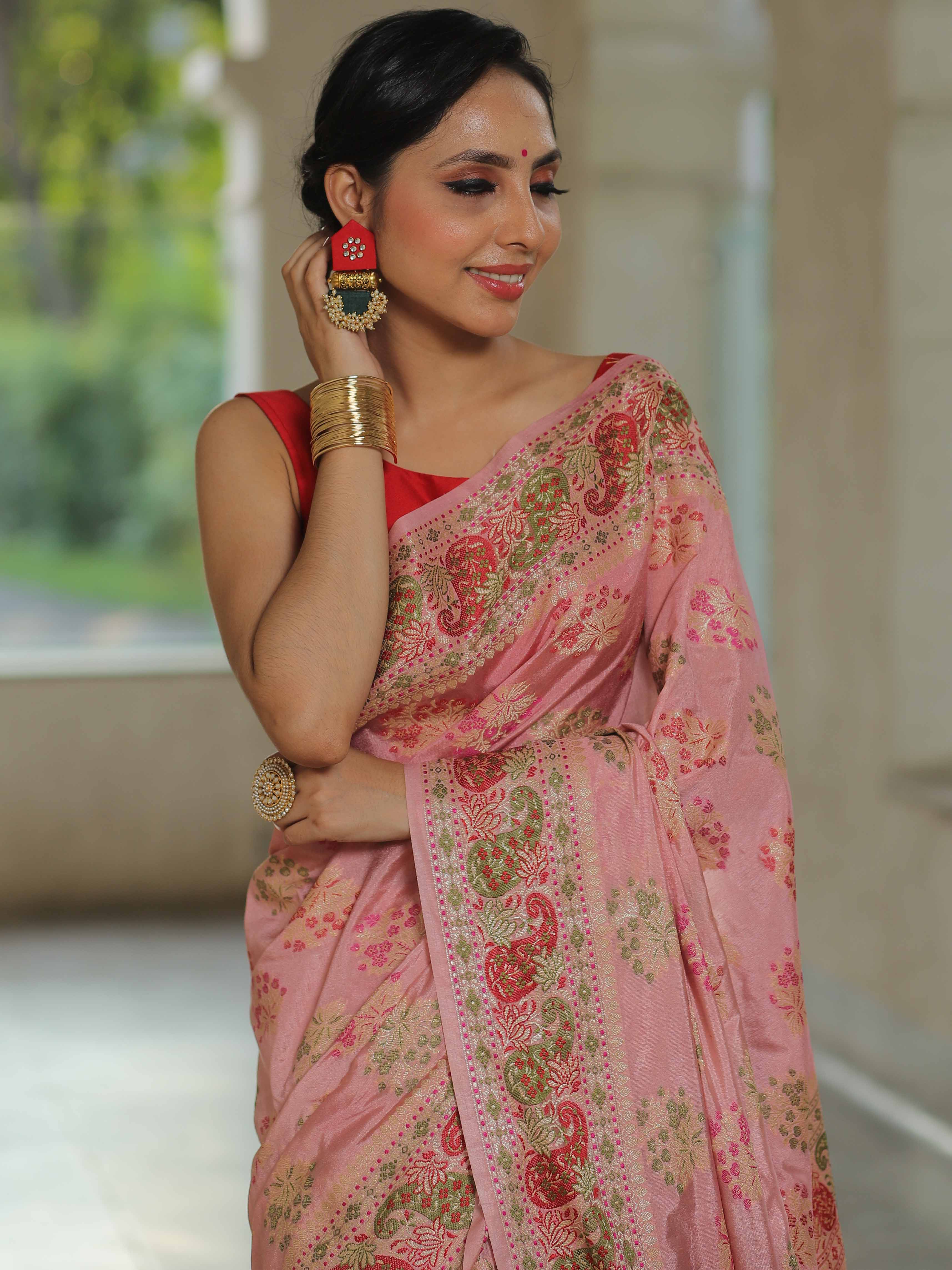 Banarasee Semi-Dupion Silk Saree With Meena & Zari Work-Pink