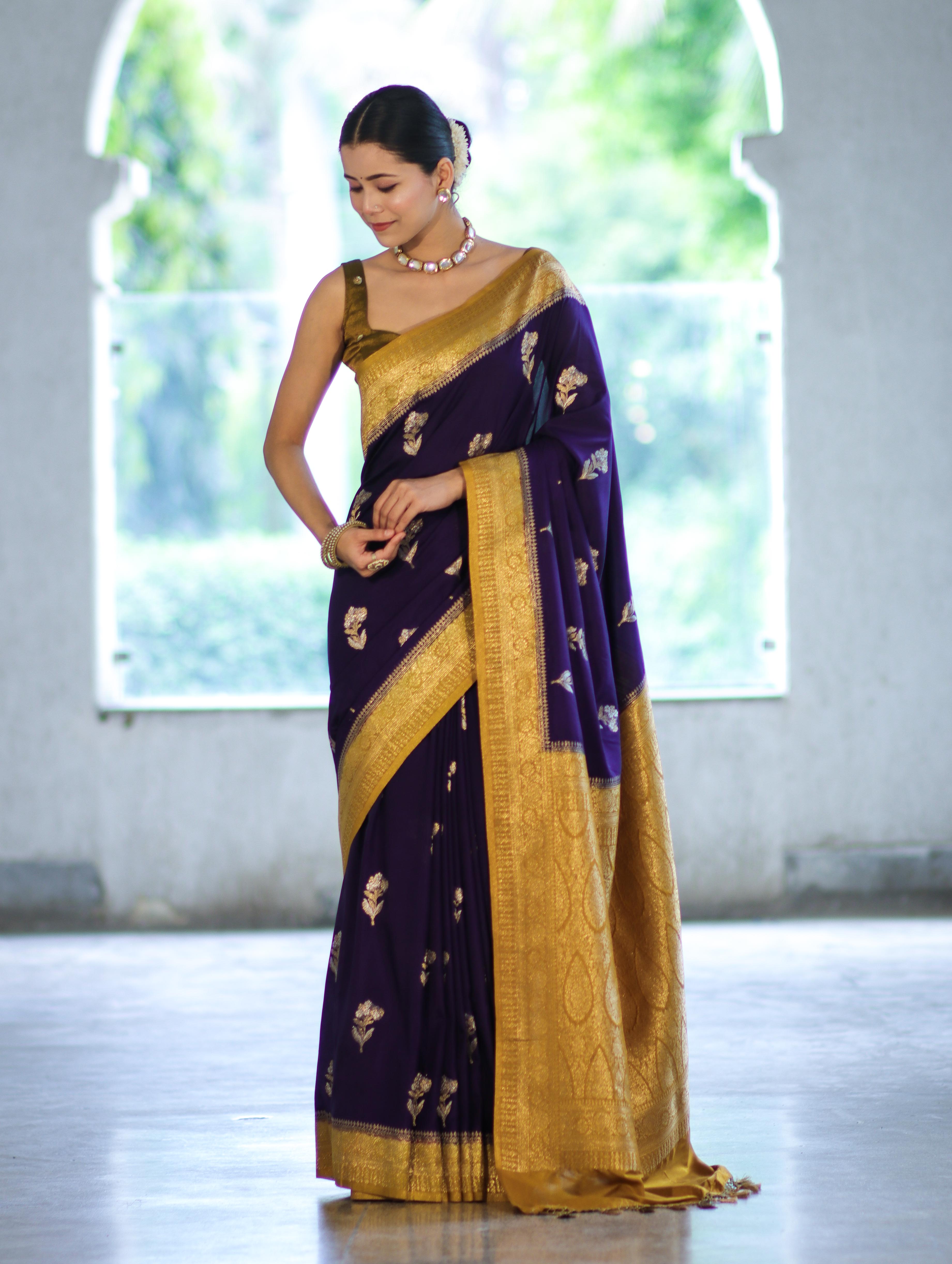 Banarasee Handloom Semi Silk Saree With Sona Rupa Zari Buti Design & Contrast Border-Violet & Mustard Yellow