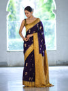 Banarasee Handloom Semi Silk Saree With Sona Rupa Zari Buti Design & Contrast Border-Violet & Mustard Yellow