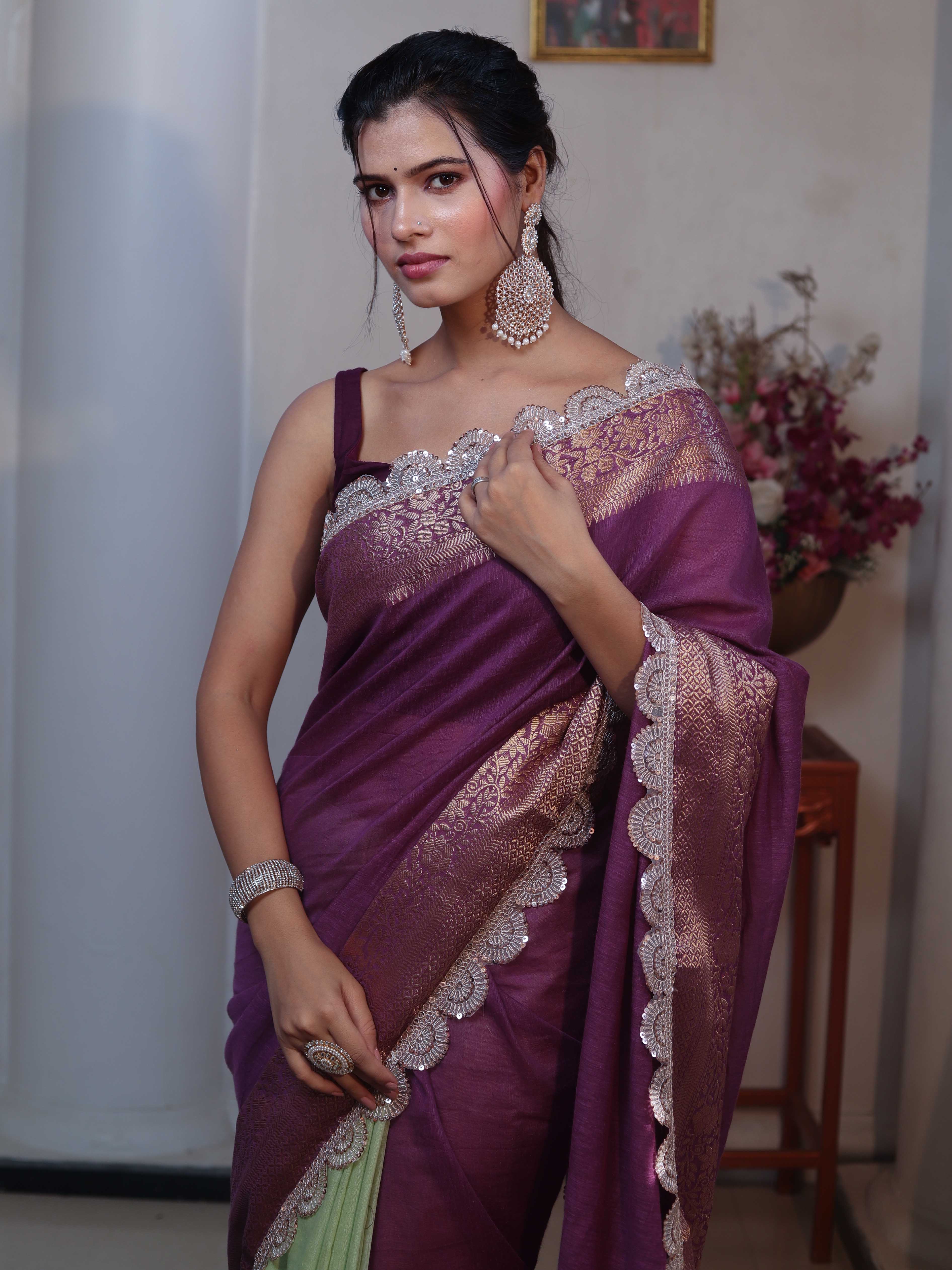 Banarasee Dual Color Pure Linen Saree With Zari Border & Lace-Purple & Light Green