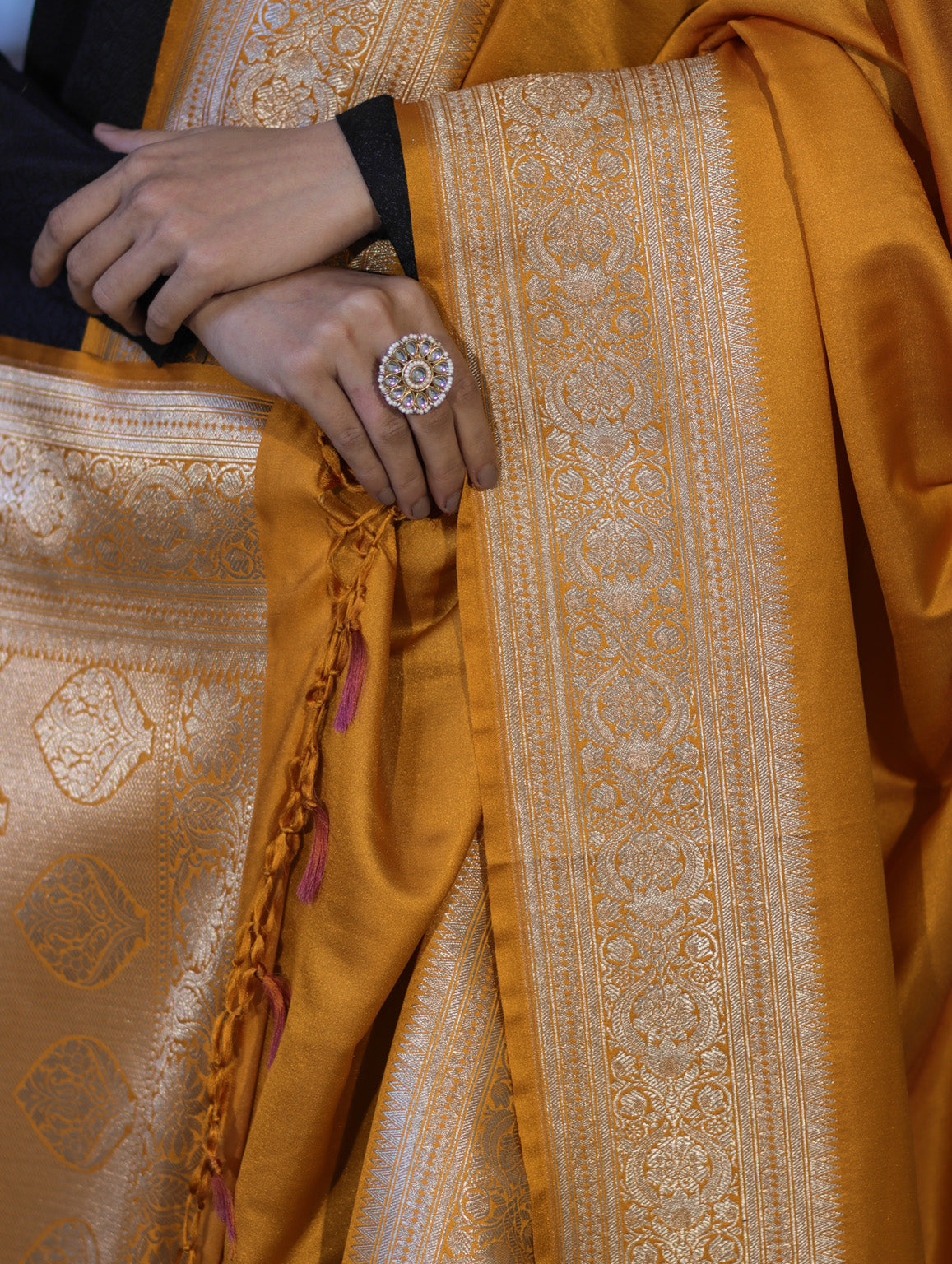 Banarasee Katan Silk Dupatta With Gold Zari Woven Border-Mustard Yellow