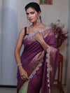 Banarasee Dual Color Pure Linen Saree With Zari Border & Lace-Purple & Light Green
