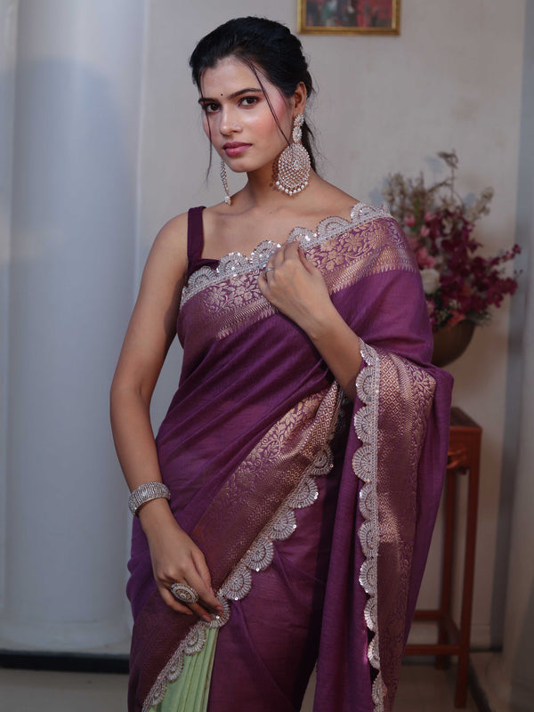 Banarasee Dual Color Pure Linen Saree With Zari Border & Lace-Purple & Light Green