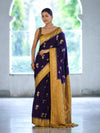 Banarasee Handloom Semi Silk Saree With Sona Rupa Zari Buti Design & Contrast Border-Violet & Mustard Yellow