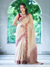 Banarasee Handwoven Semi-Tussar Saree With Contrast Geometric Border-Beige & Burgundy