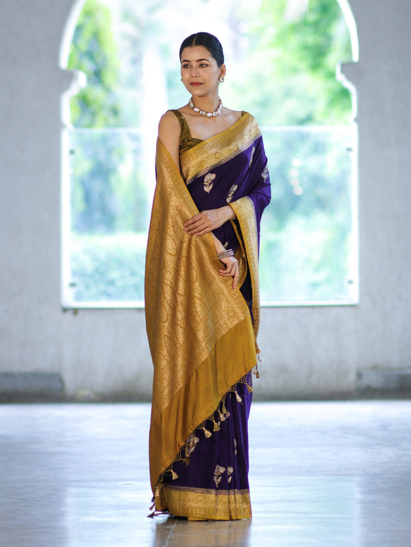 Banarasee Handloom Semi Silk Saree With Sona Rupa Zari Buti Design & Contrast Border-Violet & Mustard Yellow