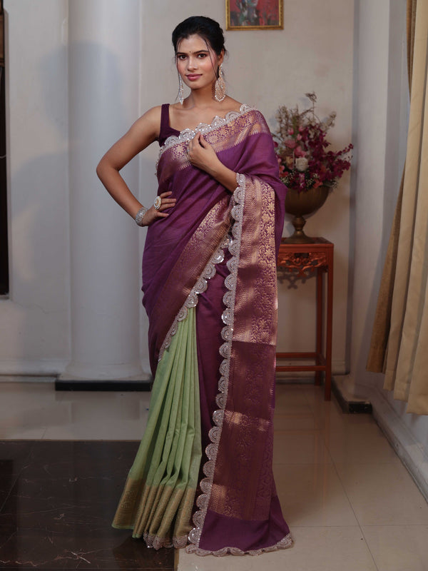 Banarasee Dual Color Pure Linen Saree With Zari Border & Lace-Purple & Light Green
