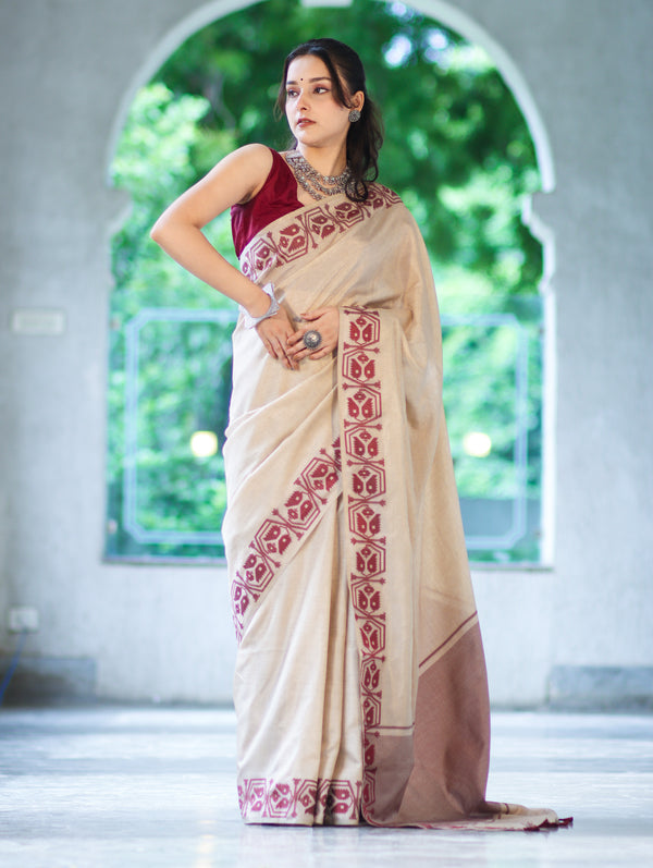 Banarasee Handwoven Semi-Tussar Saree With Contrast Geometric Border-Beige & Burgundy