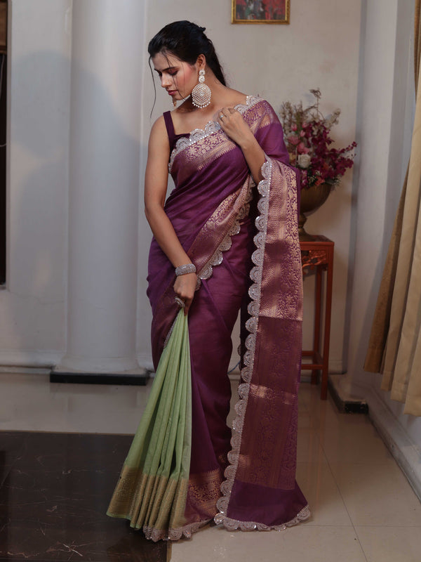 Banarasee Dual Color Pure Linen Saree With Zari Border & Lace-Purple & Light Green