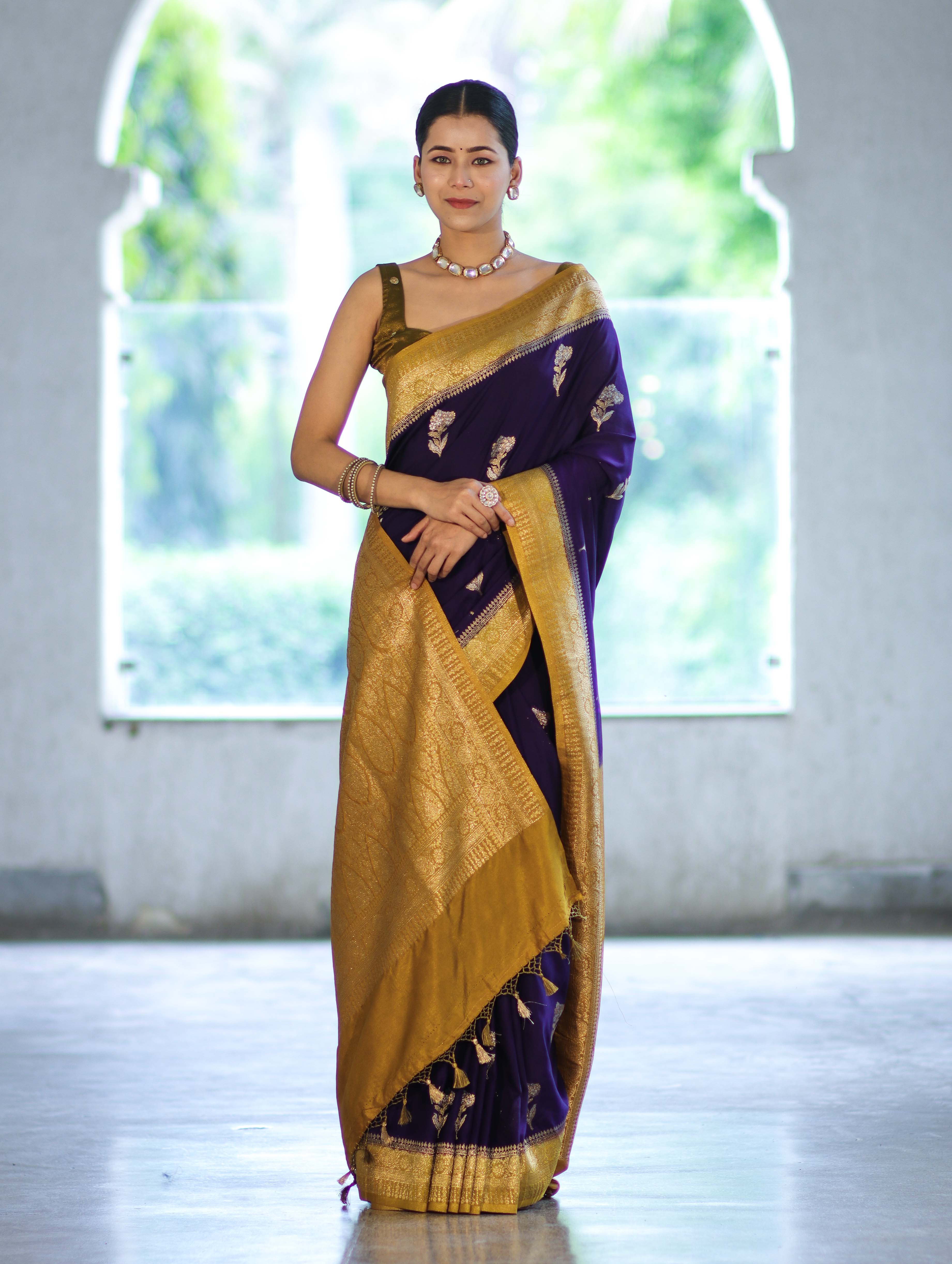 Banarasee Handloom Semi Silk Saree With Sona Rupa Zari Buti Design & Contrast Border-Violet & Mustard Yellow