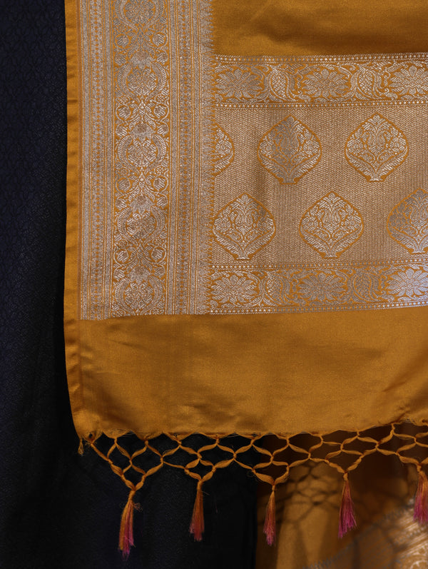 Banarasee Katan Silk Dupatta With Gold Zari Woven Border-Mustard Yellow