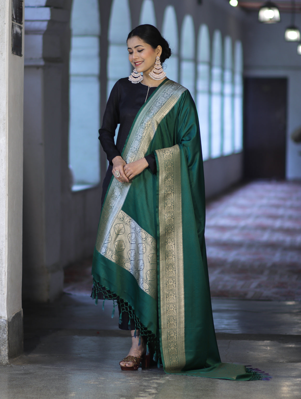 Banarasee Katan Silk Dupatta With Gold Zari Woven Border-Deep Green