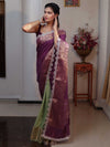 Banarasee Dual Color Pure Linen Saree With Zari Border & Lace-Purple & Light Green