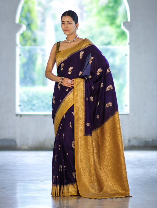 Banarasee Handloom Semi Silk Saree With Sona Rupa Zari Buti Design & Contrast Border-Violet & Mustard Yellow